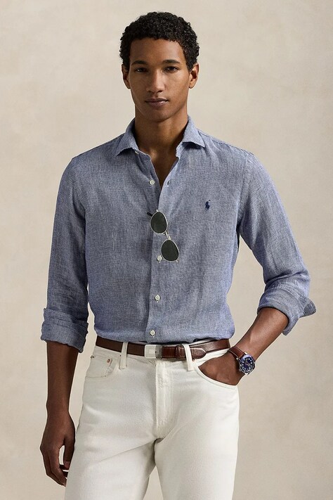 Polo Ralph Lauren cămașă de in culoarea bleumarin, cu guler clasic, regular, 710968971