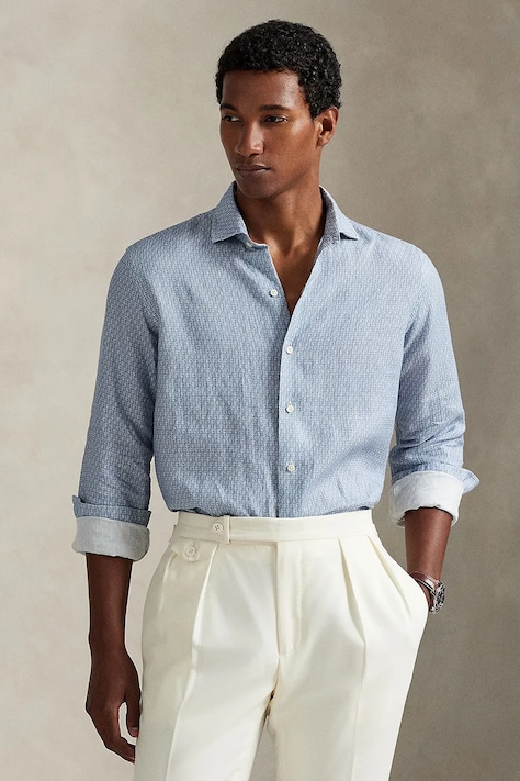Πουκάμισο από λινό Polo Ralph Lauren ανδρικό, χρώμα: μπλε, 710974546