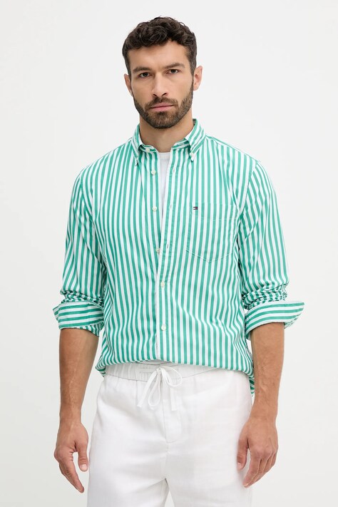 Хлопковая рубашка Tommy Hilfiger цвет зелёный regular воротник button-down MW0MW39451