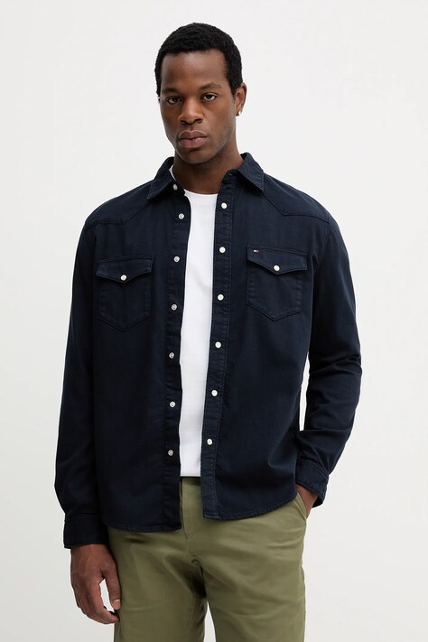 Tommy Hilfiger koszula jeansowa męska kolor granatowy regular z kołnierzykiem klasycznym MW0MW40684