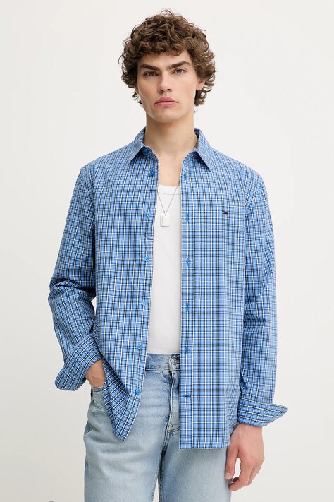 Bavlněná košile Tommy Jeans pánská, modrá barva, regular, s klasickým límcem, DM0DM21693
