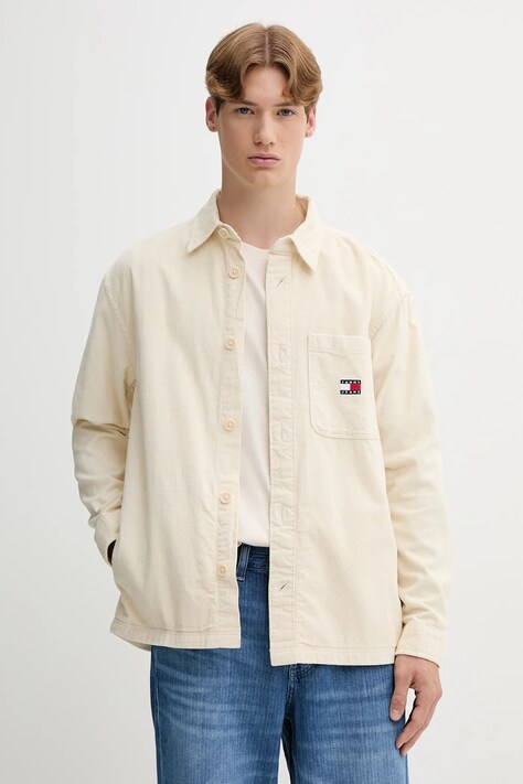 Βαμβακερό πουκάμισο Tommy Jeans ανδρικό, χρώμα: μπεζ, DM0DM21698