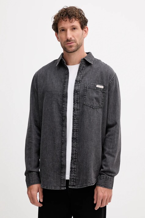 Calvin Klein Jeans koszula bawełniana męska kolor szary regular z kołnierzykiem klasycznym LV040BM733