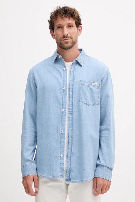 Calvin Klein Jeans koszula bawełniana męska kolor niebieski regular z kołnierzykiem klasycznym LV040BM796