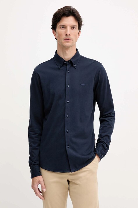 BOSS Orange koszula bawełniana męska kolor granatowy slim z kołnierzykiem button-down 50543089