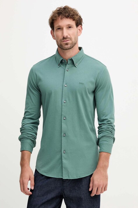 Хлопковая рубашка BOSS Orange цвет зелёный slim воротник button-down 50543089