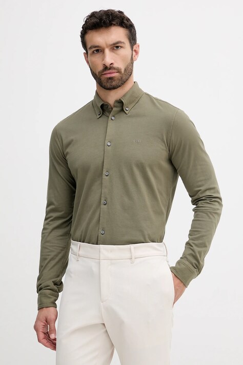 BOSS Orange cămașă din bumbac culoarea verde, cu guler button-down, slim, 50543089