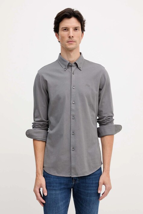 BOSS Orange koszula bawełniana męska kolor szary slim z kołnierzykiem button-down 50543089