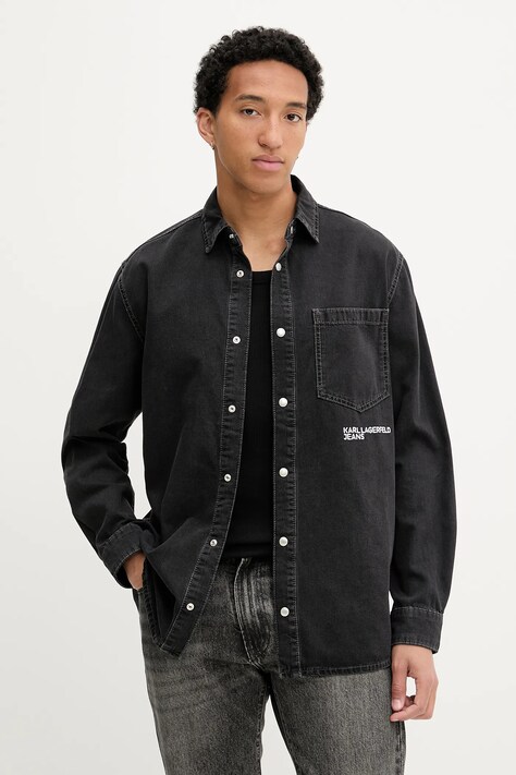 Džínová košile Karl Lagerfeld Jeans pánská, černá barva, regular, s klasickým límcem, A3M16001