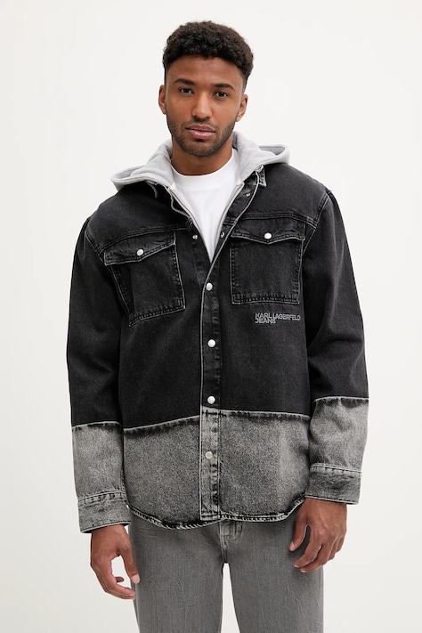 Džínová košile Karl Lagerfeld Jeans pánská, černá barva, relaxed, s klasickým límcem, A3M16003