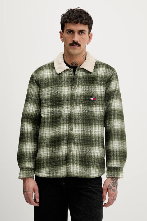 Tommy Jeans kurtka koszulowa kolor zielony przejściowa oversize DM0DM22010