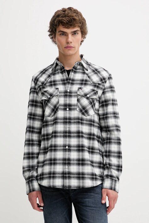 Βαμβακερό πουκάμισο Tommy Jeans ανδρικό, χρώμα: μαύρο, DM0DM22019