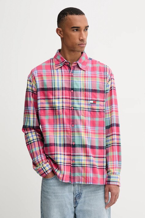 Tommy Jeans koszula bawełniana męska kolor różowy relaxed z kołnierzykiem klasycznym DM0DM22020