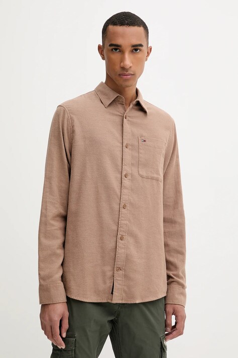 Bavlněná košile Tommy Jeans pánská, hnědá barva, regular, s klasickým límcem, DM0DM22023