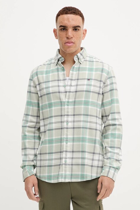 Tommy Jeans koszula bawełniana męska kolor zielony regular z kołnierzykiem button-down DM0DM22024