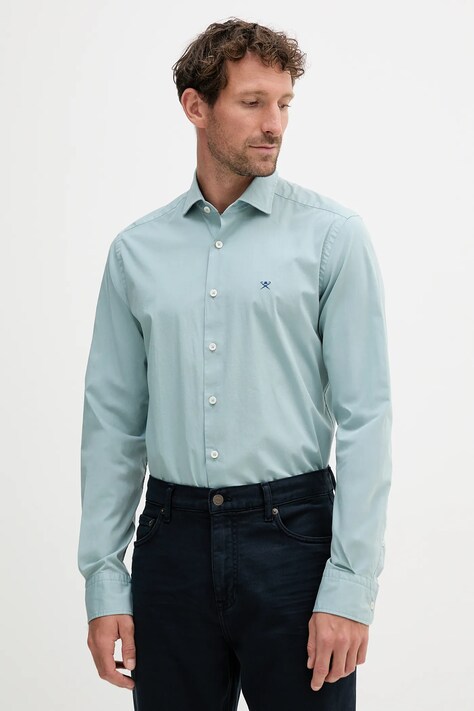 Hackett London koszula męska kolor szary slim z kołnierzykiem włoskim HM3010359