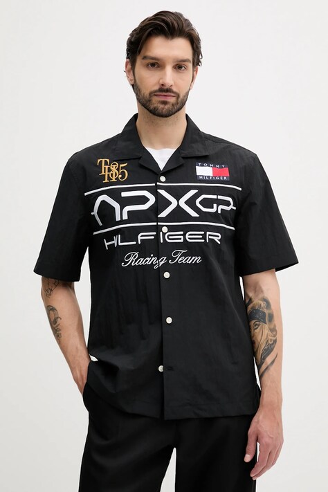 Košile Tommy Hilfiger x F1 THE MOVIE pánská, černá barva, relaxed, MW0MW41376
