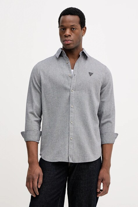 Guess koszula bawełniana HERRINGBONE męska kolor szary regular z kołnierzykiem klasycznym M5BH42 W2041