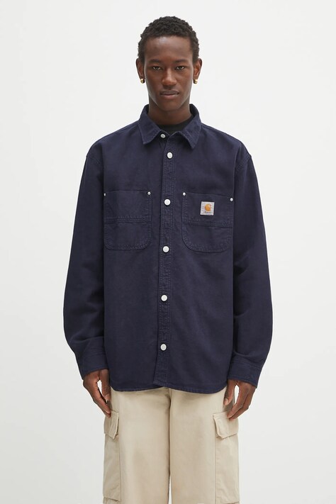 Carhartt WIP koszula Walter męska kolor granatowy relaxed z kołnierzykiem klasycznym I033578.1CGD