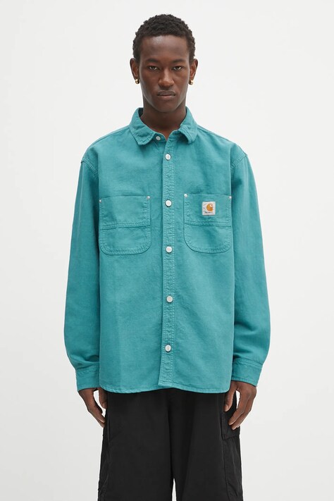Carhartt WIP koszula z domieszką lnu Walter męska kolor zielony relaxed z kołnierzykiem klasycznym I033578.2ZUGD