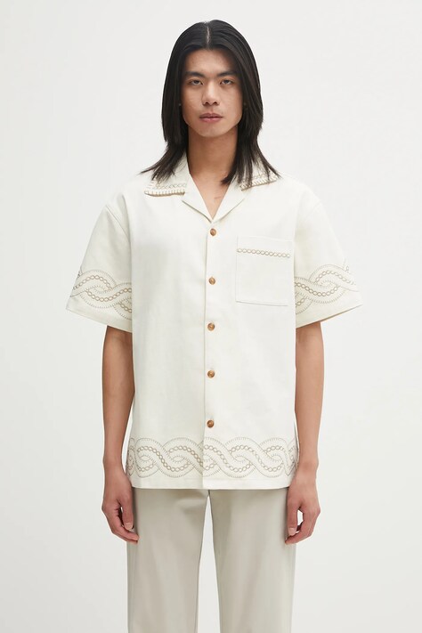 Drôle de Monsieur koszula bawełniana La Chemise BrodEe Tresses męska kolor beżowy regular H.SH227.CO215