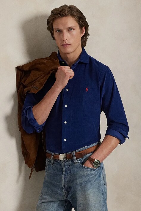 Polo Ralph Lauren koszula bawełniana męska kolor granatowy regular z kołnierzykiem włoskim 710P00518