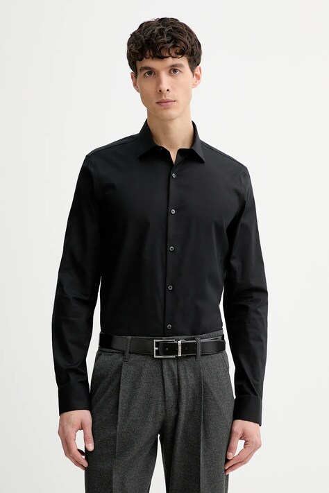 Calvin Klein koszula męska kolor czarny slim z kołnierzykiem włoskim LV019EU006