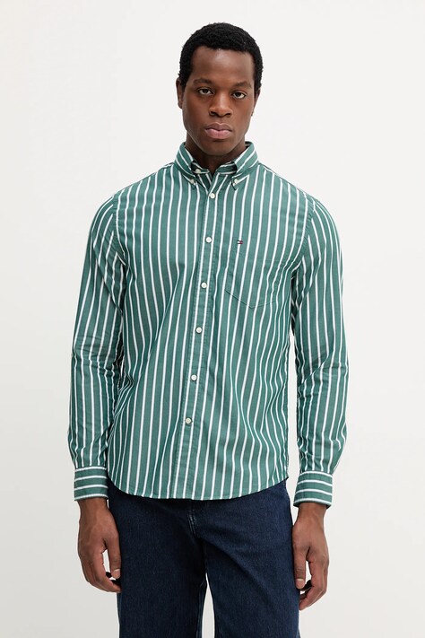 Tommy Hilfiger koszula bawełniana męska kolor zielony regular z kołnierzykiem button-down MW0MW40456