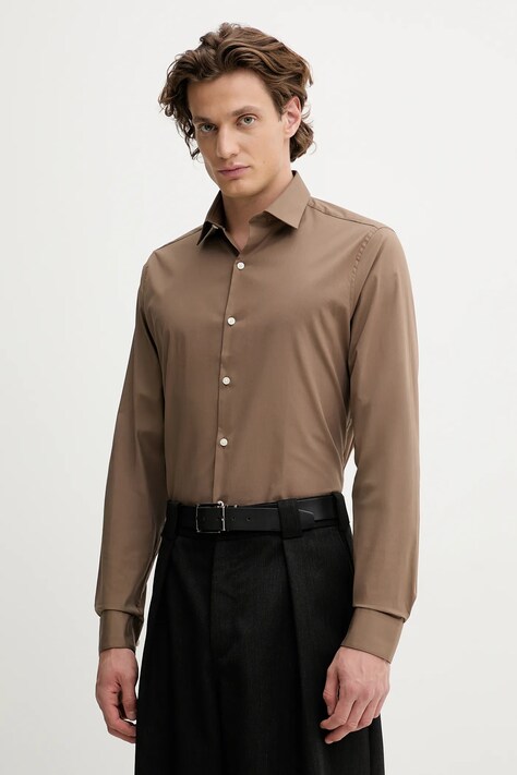 Košile Calvin Klein pánská, hnědá barva, slim, s klasickým límcem, LV019EU037