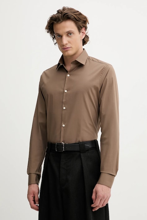 Košeľa Calvin Klein hnedá farba, slim, s klasickým golierom, LV019EU037
