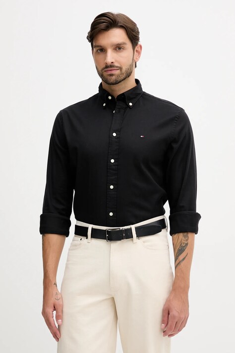 Košile Tommy Hilfiger pánská, černá barva, regular, s límečkem button-down, MW0MW40469