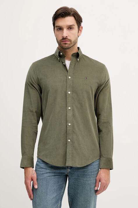 Tommy Hilfiger koszula sztruksowa męska kolor zielony regular z kołnierzykiem button-down MW0MW40486