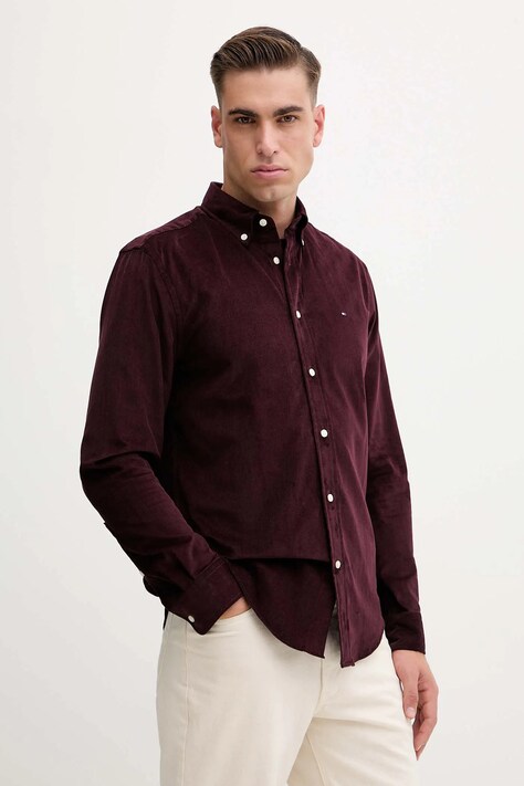 Tommy Hilfiger koszula sztruksowa męska kolor bordowy regular z kołnierzykiem button-down MW0MW40486