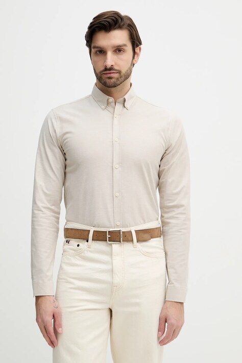 Lindbergh koszula męska kolor beżowy slim z kołnierzykiem button-down 30-203174