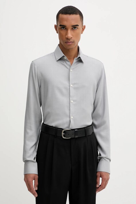 Μάλλινο πουκάμισο Calvin Klein ανδρικά, χρώμα: γκρι, LV019EU066