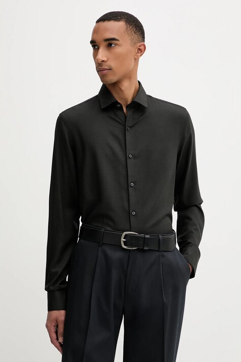 Μάλλινο πουκάμισο Calvin Klein ανδρικά, χρώμα: μαύρο, LV019EU066