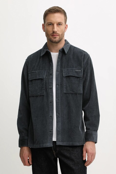 Srajca iz rebrastega žameta Calvin Klein Jeans moška, mornarsko modra barva, LV04RD106G