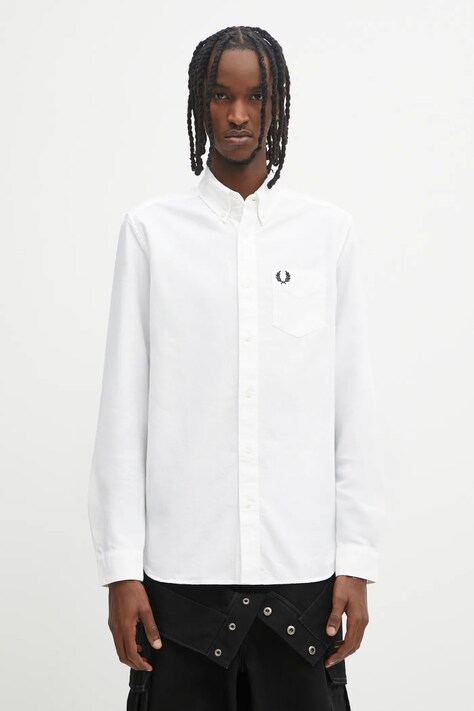 Βαμβακερό πουκάμισο Fred Perry ανδρικό, χρώμα: άσπρο, M5516