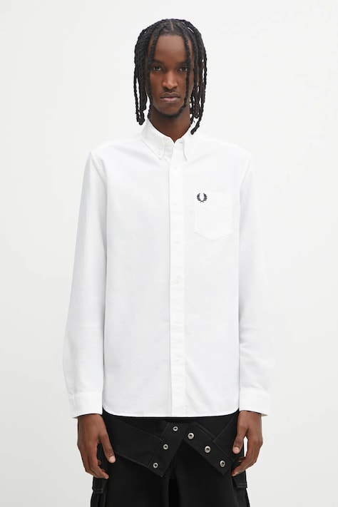 Βαμβακερό πουκάμισο Fred Perry ανδρικό, χρώμα: άσπρο, M5516
