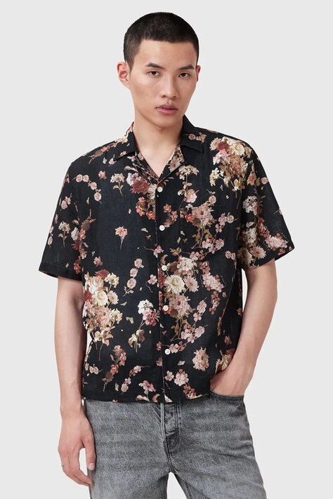 AllSaints koszula z dodatkiem lnu ARMADA męska kolor czarny regular M002SD