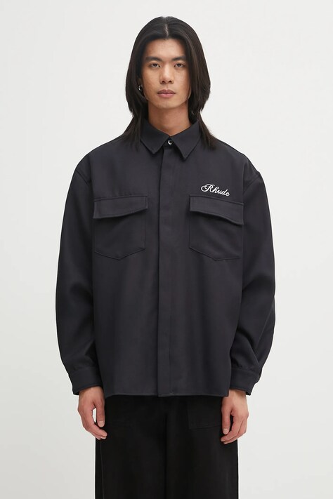 RHUDE koszula Boxy LS Work Shirt męska kolor czarny relaxed z kołnierzykiem klasycznym RHPF25SR02731
