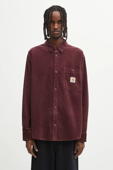 Carhartt WIP koszula bawełniana L/S Flint Shirt męska kolor bordowy relaxed z kołnierzykiem klasycznym I035837.33KXX