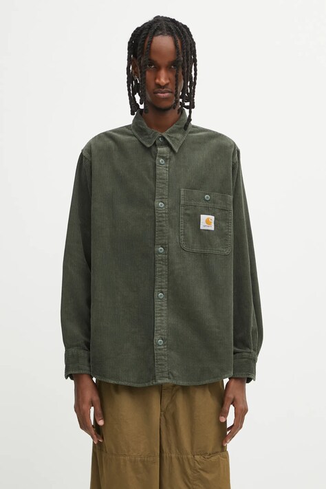 Carhartt WIP koszula bawełniana L/S Flint Shirt męska kolor zielony relaxed z kołnierzykiem klasycznym I035837.2ZXXX