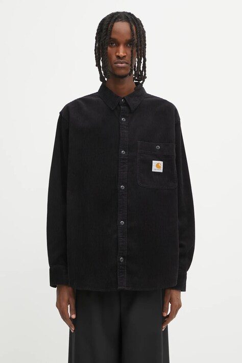 Carhartt WIP koszula sztruksowa L/S Flint Shirt męska kolor czarny regular z kołnierzykiem klasycznym I035837.89XX
