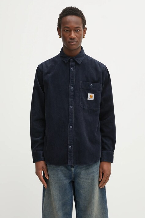 Carhartt WIP koszula sztruksowa L/S Flint Shirt męska kolor granatowy relaxed z kołnierzykiem klasycznym I035837.J0XX