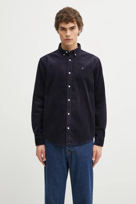 Carhartt WIP koszula sztruksowa L/S Madison Cord męska kolor granatowy regular z kołnierzykiem button-down I029958.0FHXX