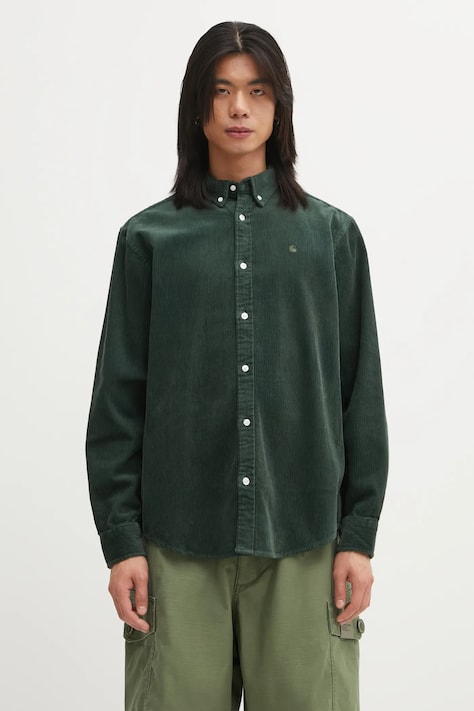 Carhartt WIP koszula sztruksowa L/S Madison Cord męska kolor zielony regular z kołnierzykiem button-down I029958.39OXX