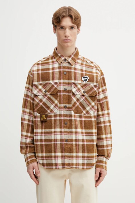 Bavlnená košeľa AAPE hnedá farba, voľný strih, s klasickým golierom, AAPSTM8548XXP