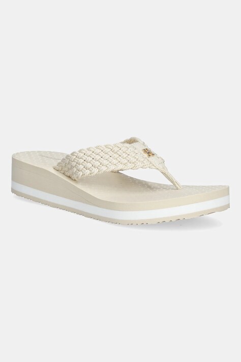 Žabky Tommy Hilfiger TH CROCHET MID BEACH SANDAL dámské, béžová barva, na klínku, FW0FW08737