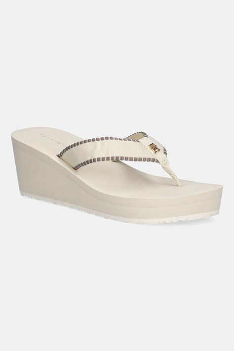 Žabky Tommy Hilfiger WEDGE BEACH SANDAL dámské, béžová barva, na klínku, FW0FW08738